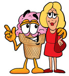 Clip Art Graphic of a Strawberry Ice Cream Cone Cartoon Character Talking to a Pretty Blond Woman