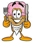 Clip Art Graphic of a Strawberry Ice Cream Cone Cartoon Character Holding a Knife and Fork