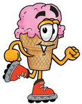 Clip Art Graphic of a Strawberry Ice Cream Cone Cartoon Character Roller Blading on Inline Skates