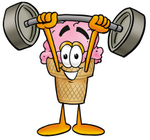 Clip Art Graphic of a Strawberry Ice Cream Cone Cartoon Character Holding a Heavy Barbell Above His Head