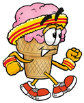 Clip Art Graphic of a Strawberry Ice Cream Cone Cartoon Character Speed Walking or Jogging