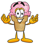 Clip Art Graphic of a Strawberry Ice Cream Cone Cartoon Character With Welcoming Open Arms