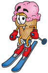 Clip Art Graphic of a Strawberry Ice Cream Cone Cartoon Character Skiing Downhill