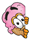 Clip Art Graphic of a Strawberry Ice Cream Cone Cartoon Character Peeking Around a Corner