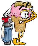 Clip Art Graphic of a Strawberry Ice Cream Cone Cartoon Character Swinging His Golf Club While Golfing