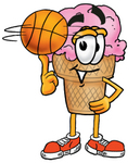 Clip Art Graphic of a Strawberry Ice Cream Cone Cartoon Character Spinning a Basketball on His Finger