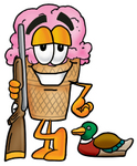 Clip Art Graphic of a Strawberry Ice Cream Cone Cartoon Character Duck Hunting, Standing With a Rifle and Duck