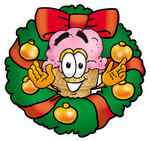 Clip Art Graphic of a Strawberry Ice Cream Cone Cartoon Character in the Center of a Christmas Wreath