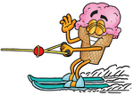 Clip Art Graphic of a Strawberry Ice Cream Cone Cartoon Character Waving While Water Skiing