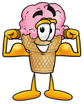 Clip Art Graphic of a Strawberry Ice Cream Cone Cartoon Character Flexing His Arm Muscles