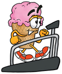 Clip Art Graphic of a Strawberry Ice Cream Cone Cartoon Character Walking on a Treadmill in a Fitness Gym