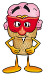 Clip Art Graphic of a Strawberry Ice Cream Cone Cartoon Character Wearing a Red Mask Over His Face