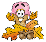 Clip Art Graphic of a Strawberry Ice Cream Cone Cartoon Character With Autumn Leaves and Acorns in the Fall