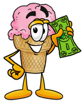 Clip Art Graphic of a Strawberry Ice Cream Cone Cartoon Character Holding a Dollar Bill