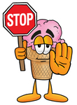 Clip Art Graphic of a Strawberry Ice Cream Cone Cartoon Character Holding a Stop Sign