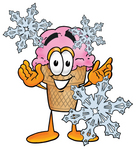 Clip Art Graphic of a Strawberry Ice Cream Cone Cartoon Character With Three Snowflakes in Winter