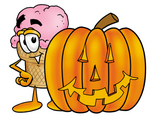 Clip Art Graphic of a Strawberry Ice Cream Cone Cartoon Character With a Carved Halloween Pumpkin