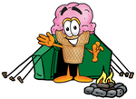 Clip Art Graphic of a Strawberry Ice Cream Cone Cartoon Character Camping With a Tent and Fire