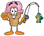 Clip Art Graphic of a Strawberry Ice Cream Cone Cartoon Character Holding a Fish on a Fishing Pole