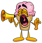 Clip Art Graphic of a Strawberry Ice Cream Cone Cartoon Character Screaming Into a Megaphone