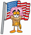 Clip Art Graphic of a Strawberry Ice Cream Cone Cartoon Character Pledging Allegiance to an American Flag
