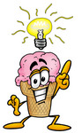 Clip Art Graphic of a Strawberry Ice Cream Cone Cartoon Character With a Bright Idea