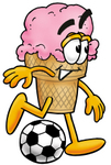 Clip Art Graphic of a Strawberry Ice Cream Cone Cartoon Character Kicking a Soccer Ball