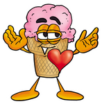 Clip Art Graphic of a Strawberry Ice Cream Cone Cartoon Character With His Heart Beating Out of His Chest