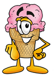 Clip Art Graphic of a Strawberry Ice Cream Cone Cartoon Character Pointing at the Viewer