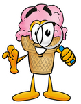 Clip Art Graphic of a Strawberry Ice Cream Cone Cartoon Character Looking Through a Magnifying Glass