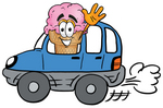 Clip Art Graphic of a Strawberry Ice Cream Cone Cartoon Character Driving a Blue Car and Waving