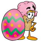 Clip Art Graphic of a Strawberry Ice Cream Cone Cartoon Character Standing Beside an Easter Egg