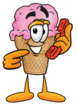 Clip Art Graphic of a Strawberry Ice Cream Cone Cartoon Character Holding a Telephone