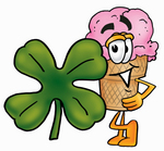 Clip Art Graphic of a Strawberry Ice Cream Cone Cartoon Character With a Green Four Leaf Clover on St Paddy’s or St Patricks Day