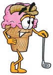 Clip Art Graphic of a Strawberry Ice Cream Cone Cartoon Character Leaning on a Golf Club While Golfing
