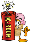 Clip Art Graphic of a Strawberry Ice Cream Cone Cartoon Character Standing With a Lit Stick of Dynamite