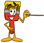 Clip Art Graphic of a Red Paintbrush With Yellow Paint Cartoon Character Holding a Pointer Stick