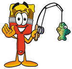 Clip Art Graphic of a Red Paintbrush With Yellow Paint Cartoon Character Holding a Fish on a Fishing Pole
