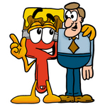 Clip Art Graphic of a Red Paintbrush With Yellow Paint Cartoon Character Talking to a Business Man