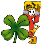 Clip Art Graphic of a Red Paintbrush With Yellow Paint Cartoon Character With a Green Four Leaf Clover on St Paddy’s or St Patricks Day