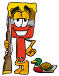 Clip Art Graphic of a Red Paintbrush With Yellow Paint Cartoon Character Duck Hunting, Standing With a Rifle and Duck