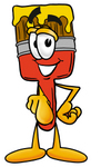 Clip Art Graphic of a Red Paintbrush With Yellow Paint Cartoon Character Pointing at the Viewer
