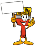 Clip Art Graphic of a Red Paintbrush With Yellow Paint Cartoon Character Holding a Blank Sign
