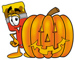Clip Art Graphic of a Red Paintbrush With Yellow Paint Cartoon Character With a Carved Halloween Pumpkin