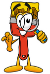 Clip Art Graphic of a Red Paintbrush With Yellow Paint Cartoon Character Looking Through a Magnifying Glass