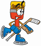 Clip Art Graphic of a Red Paintbrush With Yellow Paint Cartoon Character Playing Ice Hockey