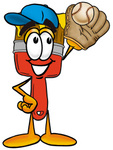 Clip Art Graphic of a Red Paintbrush With Yellow Paint Cartoon Character Catching a Baseball With a Glove