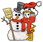 Clip Art Graphic of a Red Paintbrush With Yellow Paint Cartoon Character With a Snowman on Christmas