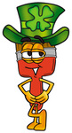 Clip Art Graphic of a Red Paintbrush With Yellow Paint Cartoon Character Wearing a Saint Patricks Day Hat With a Clover on it