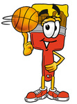 Clip Art Graphic of a Red Paintbrush With Yellow Paint Cartoon Character Spinning a Basketball on His Finger